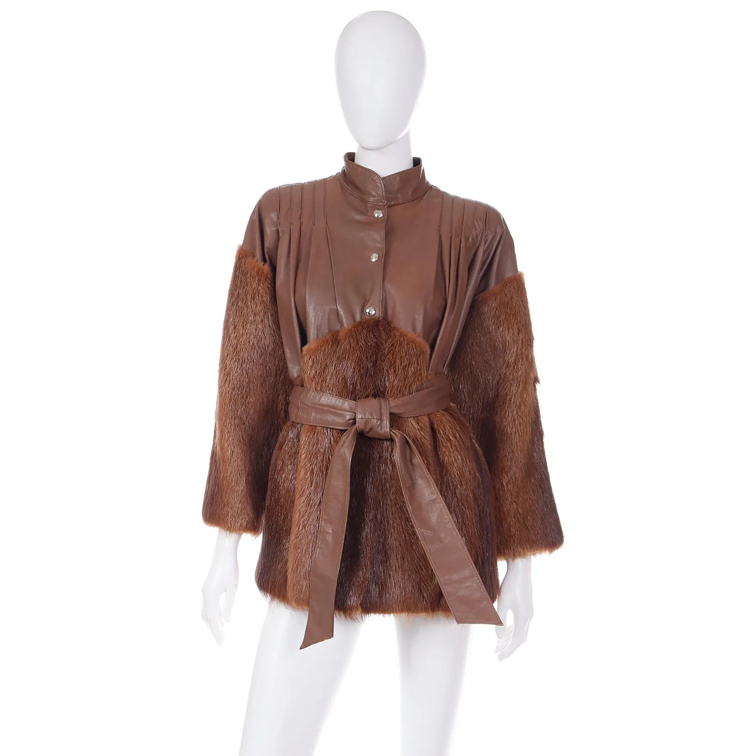 1980s Yves Saint Laurent Fourrures Brown Leather Jacket W Fur