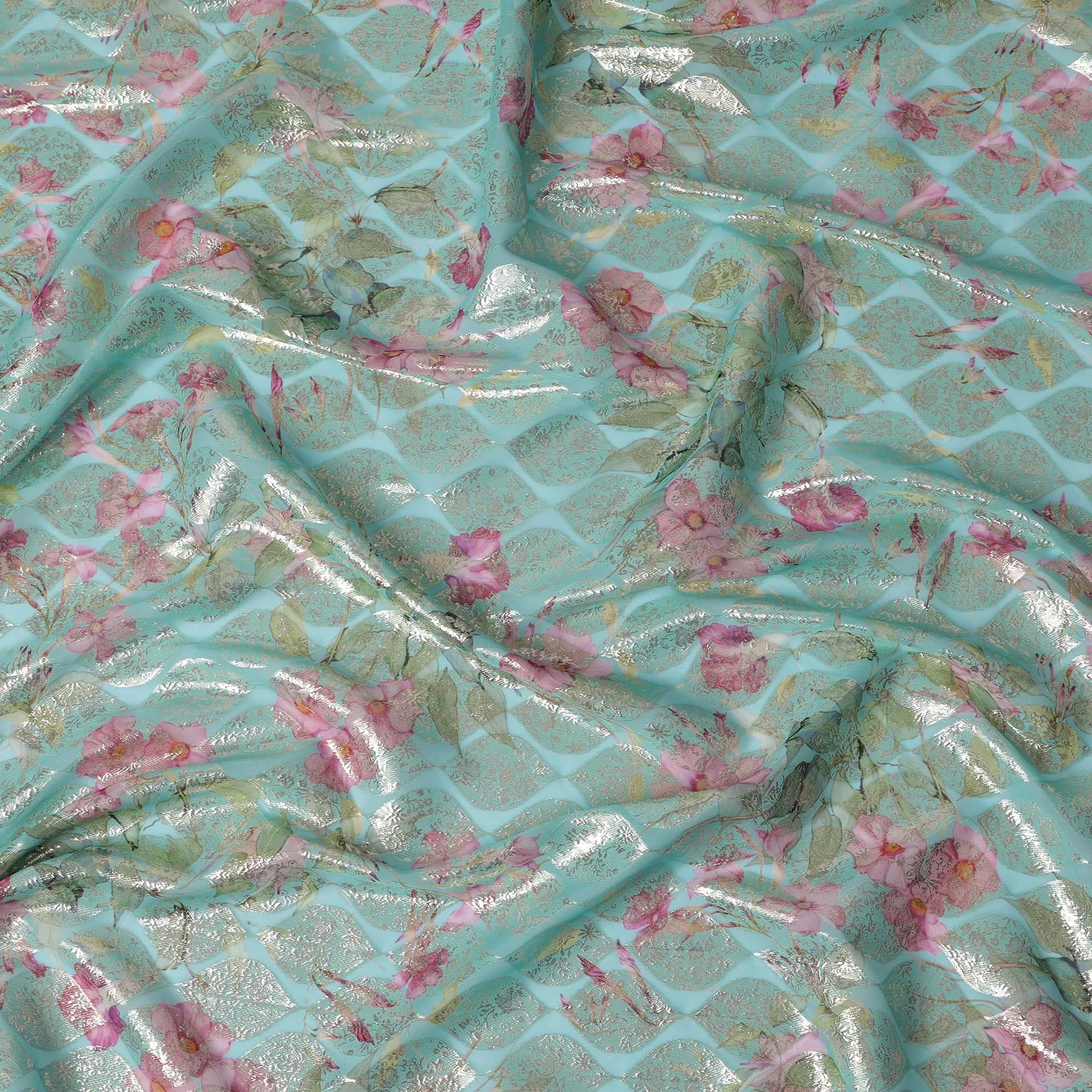 Aqua Floral Silk Chiffon Fabric with Metallic Lurex, Width 140 cm, South Korea-D21265