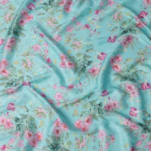 Aqua Floral Silk Satin Fabric with Metallic Accents, Width 140 cm, South Korea-D21284