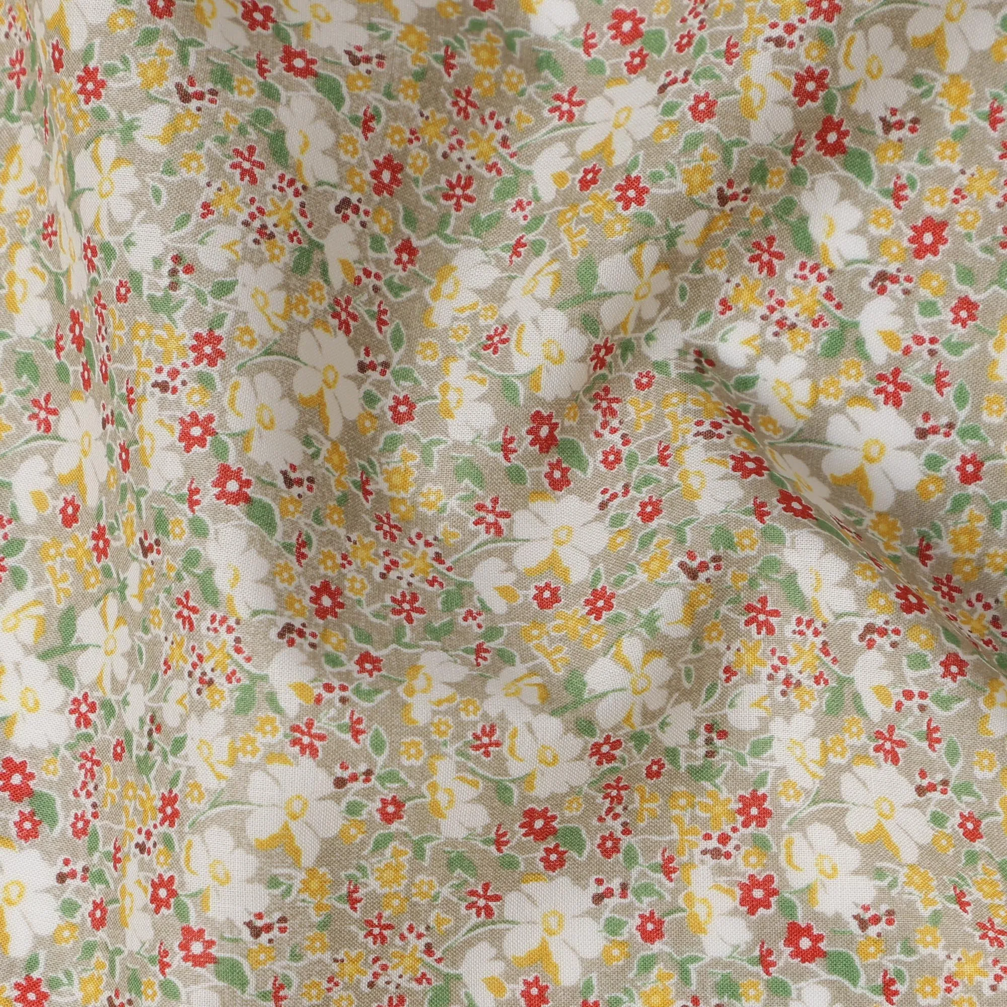 Beige and White Floral Cotton Lawn Digital Print Fabric - 110 cm Width-D21241