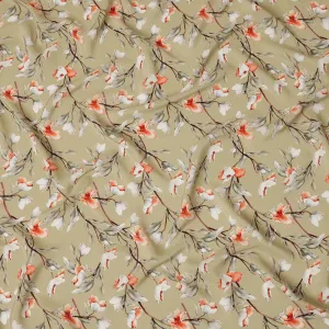 Beige Viscose Fabric with White and Coral Floral Digital Print, 110 cm Width-D20634