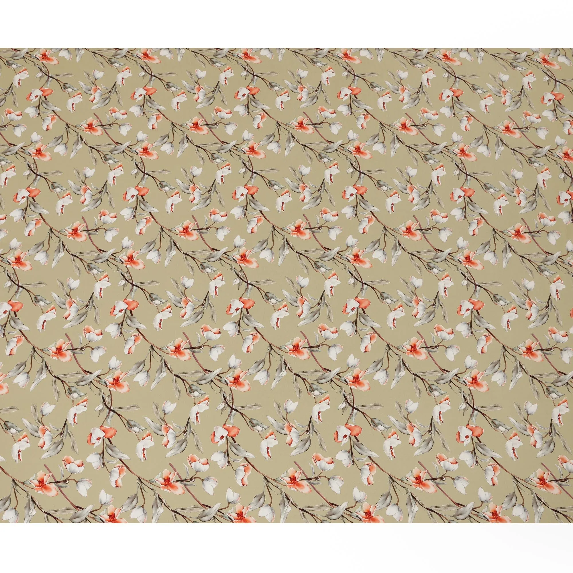 Beige Viscose Fabric with White and Coral Floral Digital Print, 110 cm Width-D20634