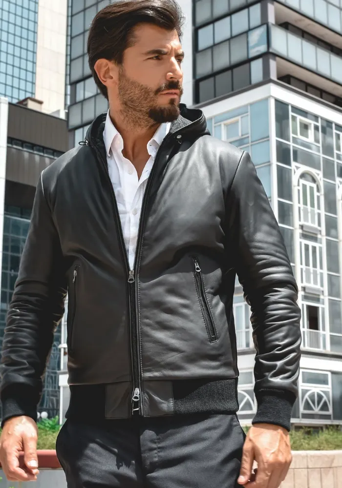 Black Hoodie Leather Biker Jacket for Men With Skull