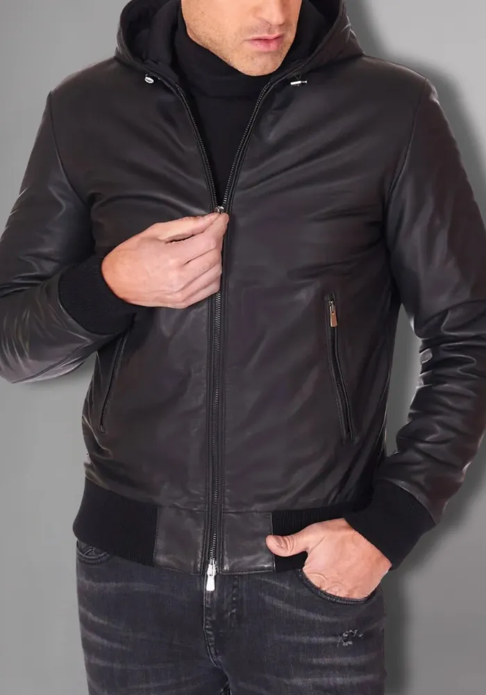 Black Hoodie Leather Biker Jacket for Men With Skull