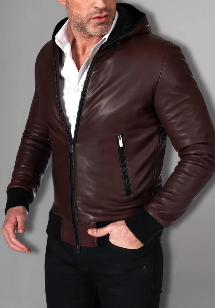 Black Hoodie Leather Biker Jacket for Men With Skull