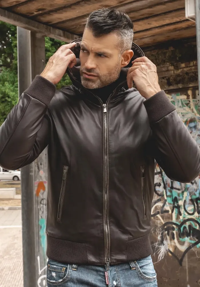 Black Hoodie Leather Biker Jacket for Men With Skull