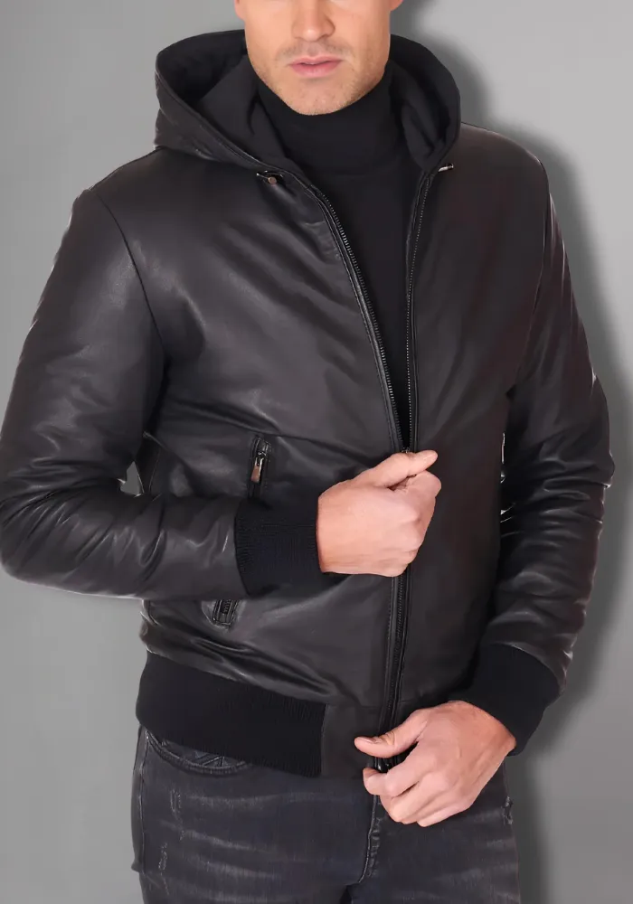 Black Hoodie Leather Biker Jacket for Men With Skull