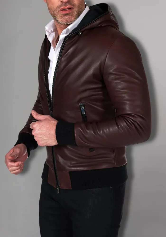 Black Hoodie Leather Biker Jacket for Men With Skull