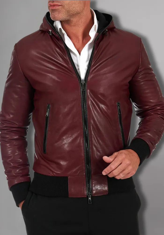 Black Hoodie Leather Biker Jacket for Men With Skull