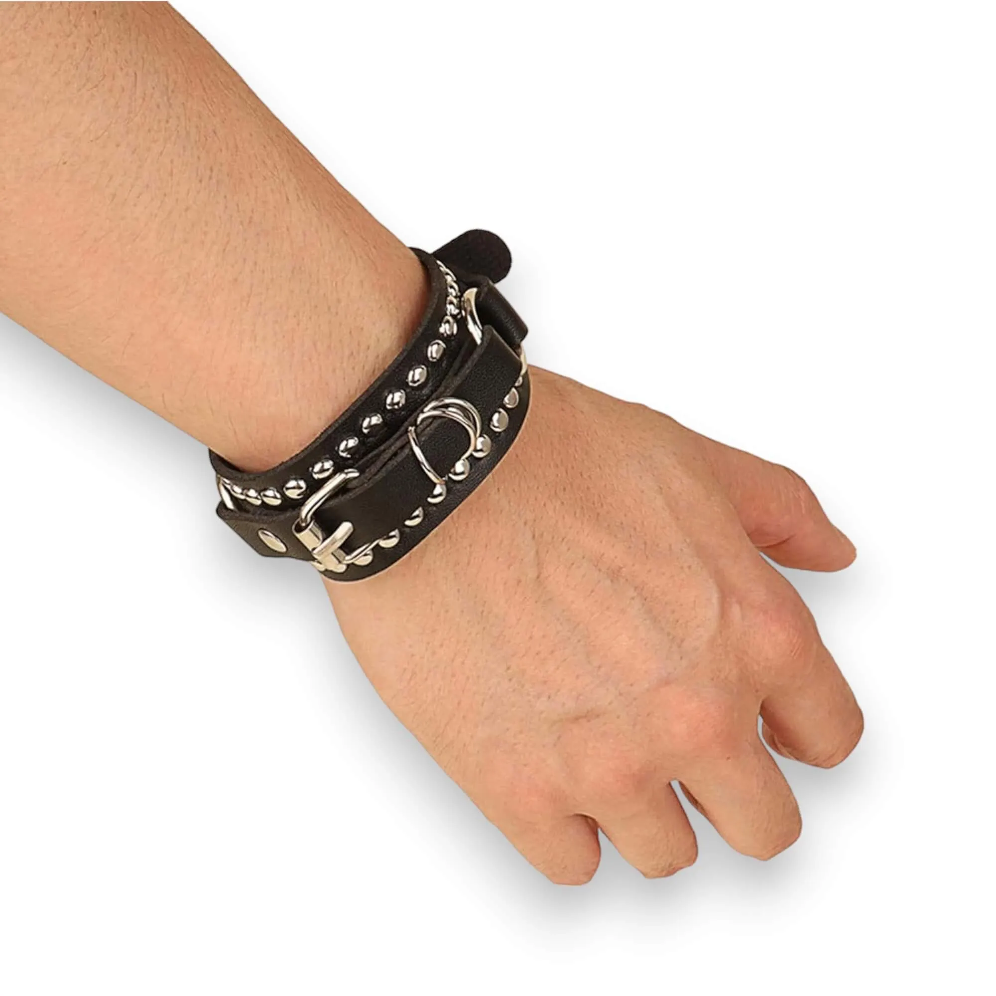 Black Leather Silver Studs Cuff Bracelets