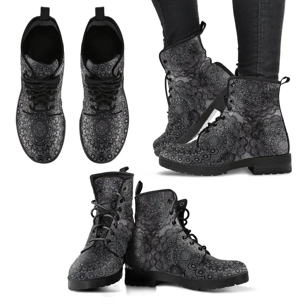 Black Mandala  Memory Foam Boots | All Season Lace Up Boots | Vegan Leather Combat Boot by Manifestie