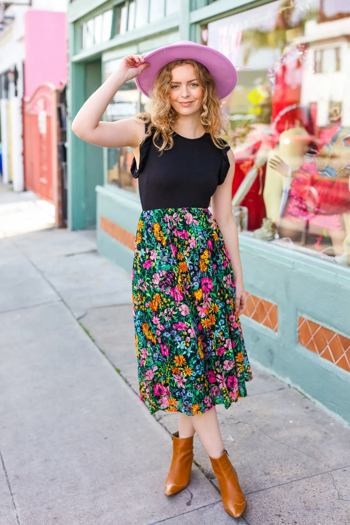 Black Multicolor Floral Lace Fit & Flare Lined Dress