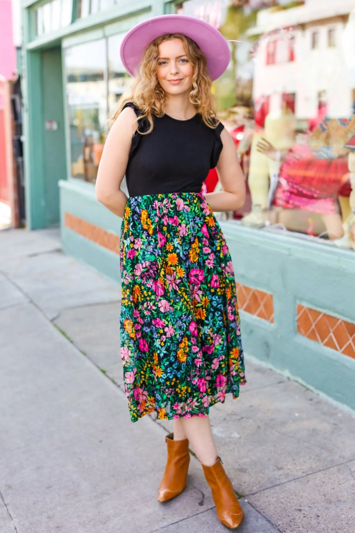 Black Multicolor Floral Lace Fit & Flare Lined Dress