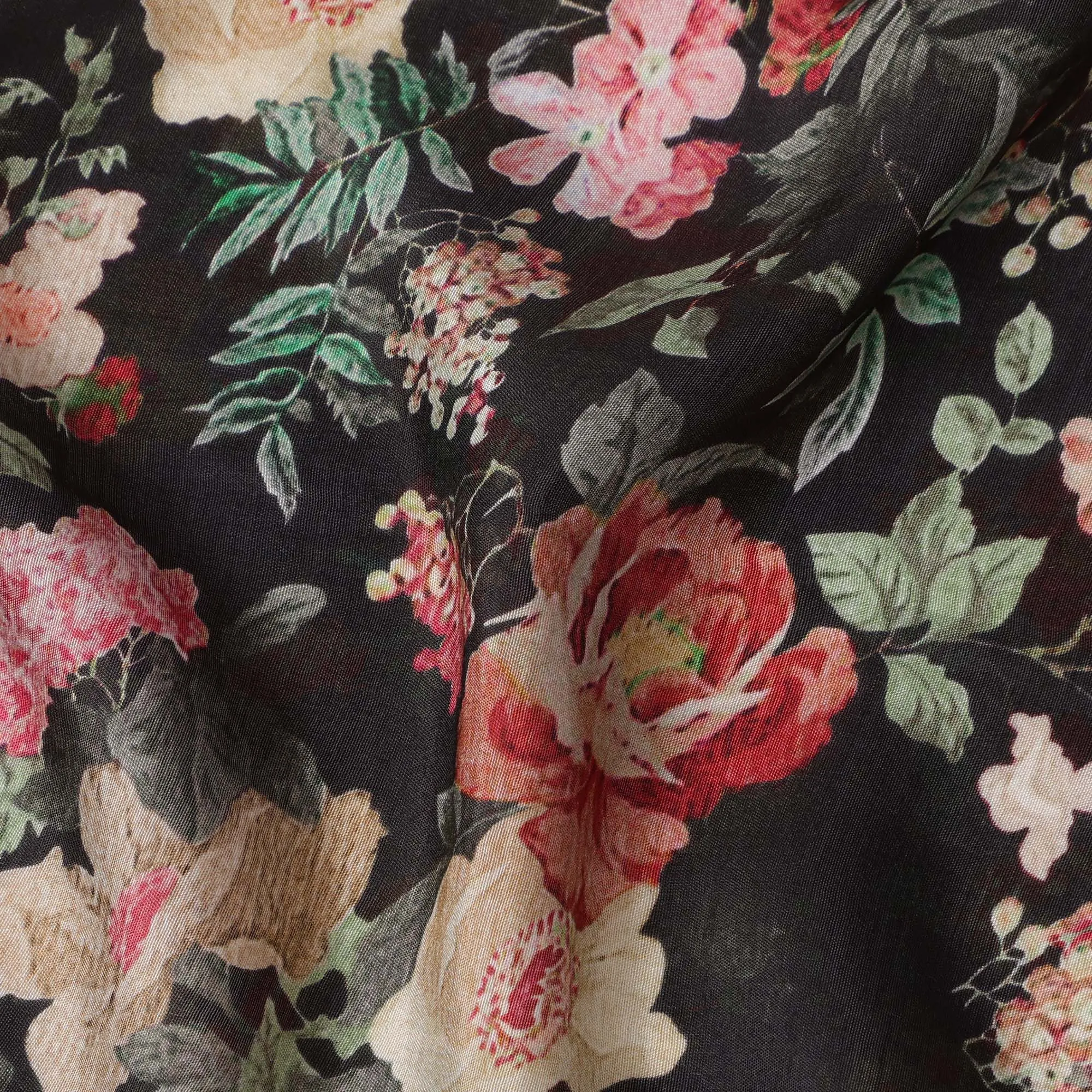 Black Viscose Cotton Digital Printed Fabric with Floral Design, 110 cm Width-D21338