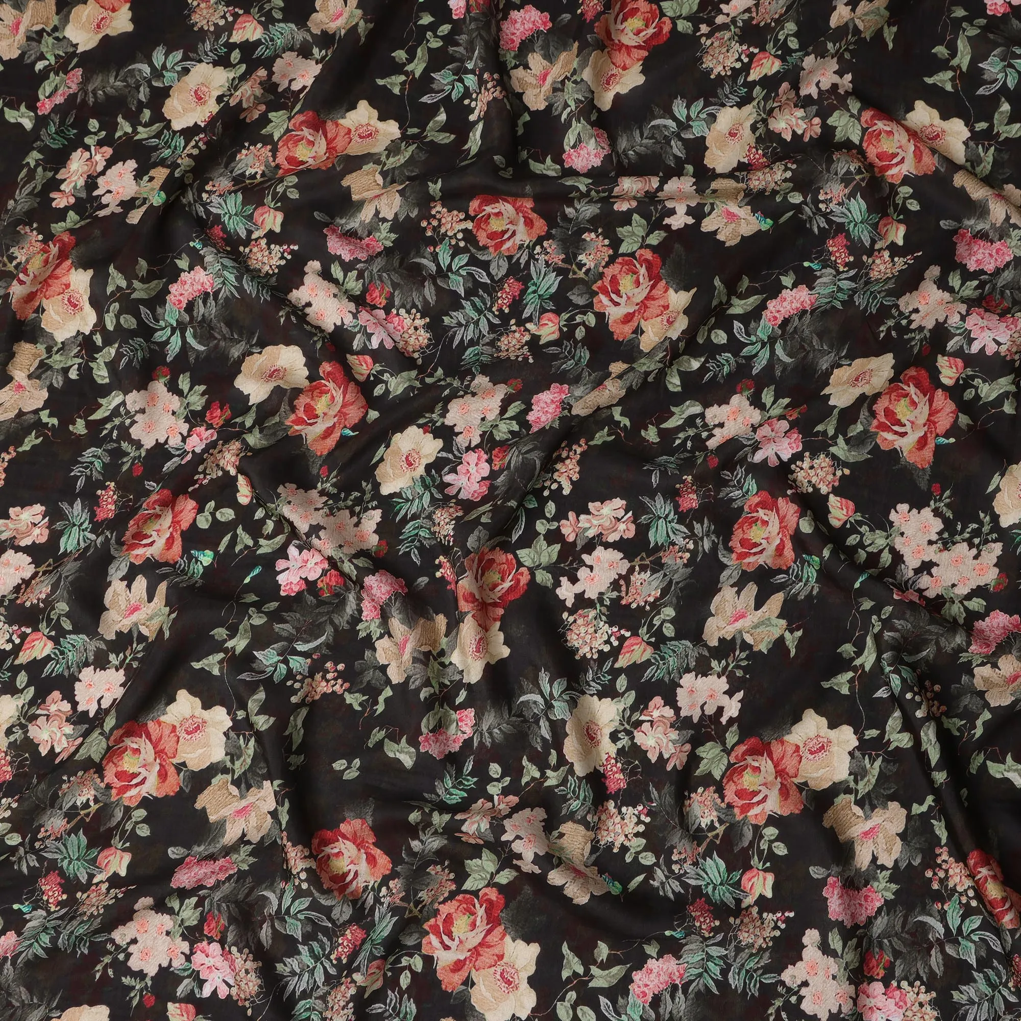 Black Viscose Cotton Digital Printed Fabric with Floral Design, 110 cm Width-D21338