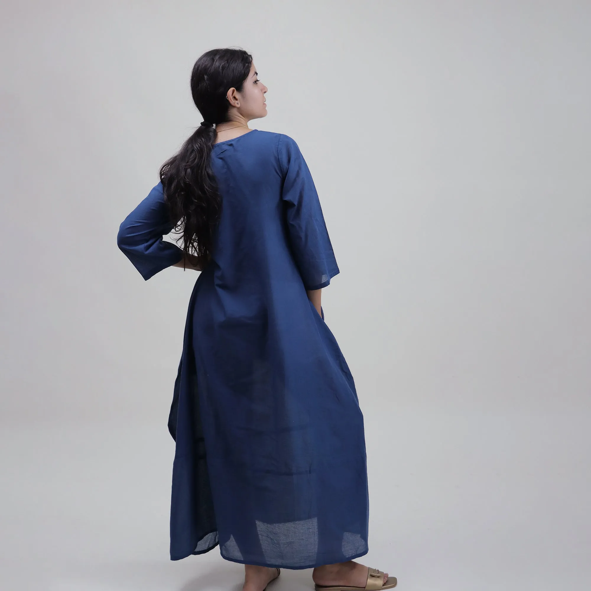 Blue Solid Round Neck Women Cotton Kaftan