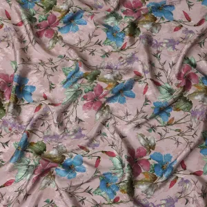 Blush Pink Indian Viscose Modal Satin Fabric, Multicolor Floral Print, 110 cm Width-D20933