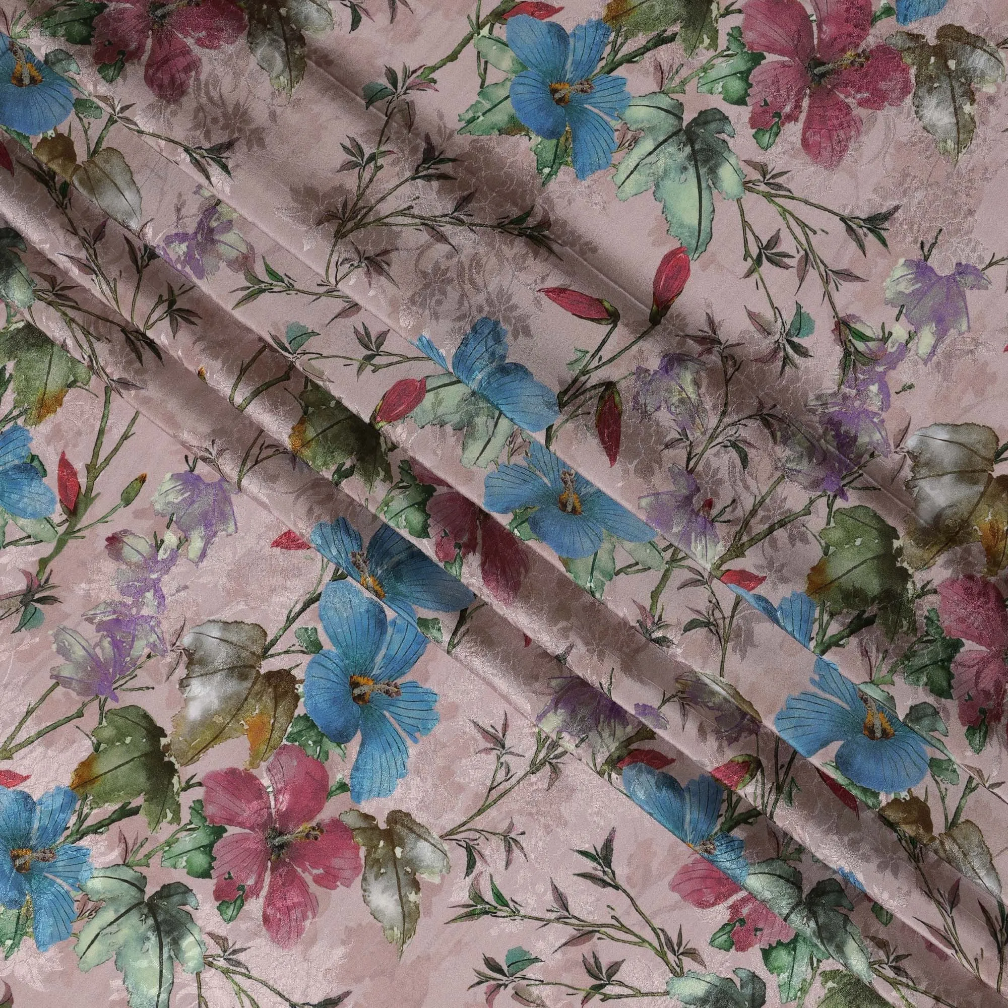 Blush Pink Indian Viscose Modal Satin Fabric, Multicolor Floral Print, 110 cm Width-D20933