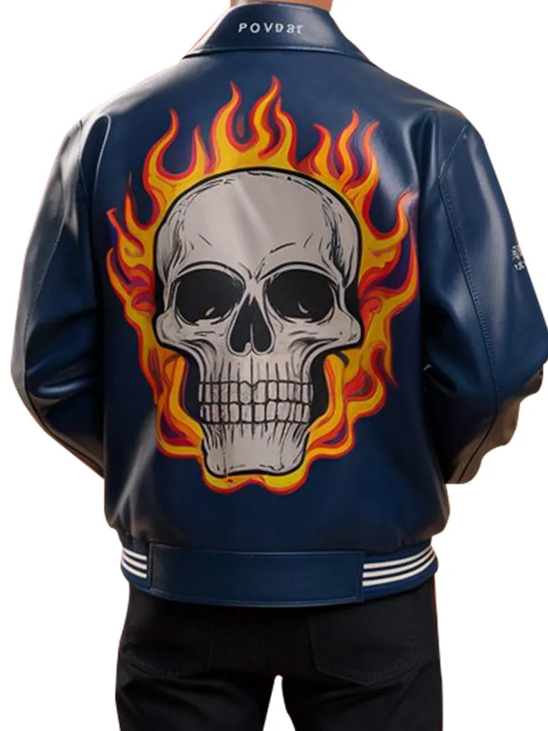 Bold Navy Flaming Skull Leather Jacket