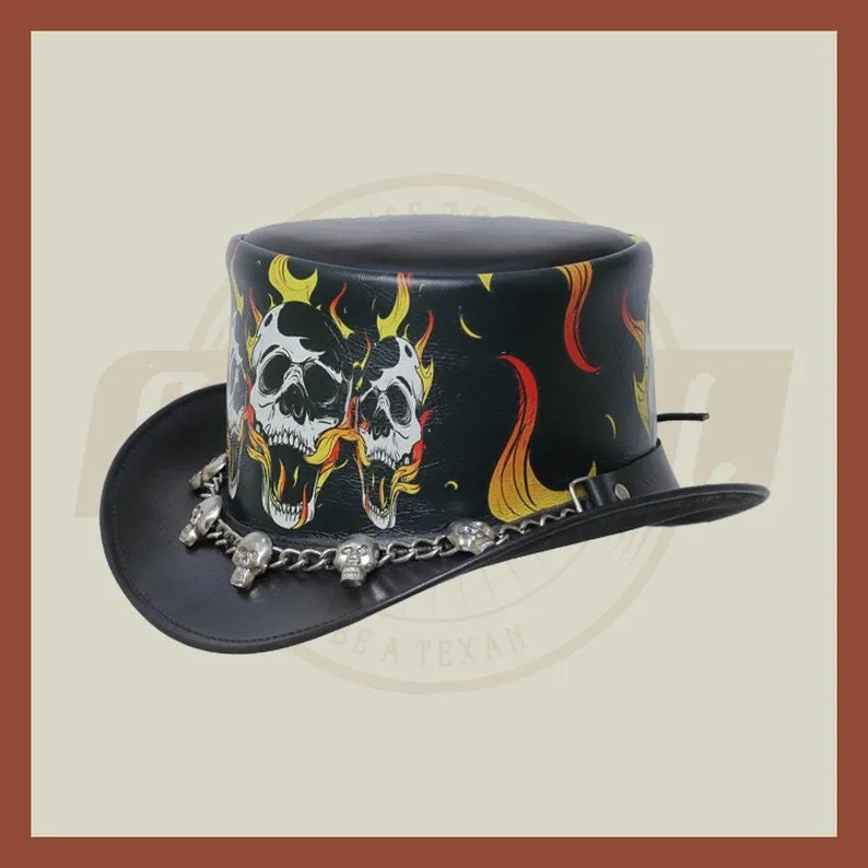 Burning Skull In Hell Leather Skull Chain Band Motorcycle Biker Rider Top Hat