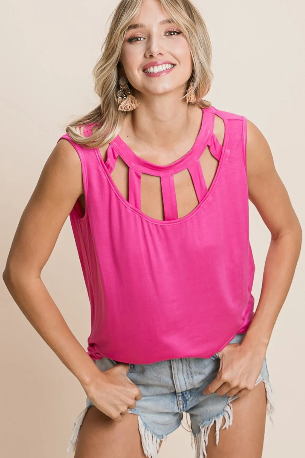 Cutout Round Neck Sleeveless Top