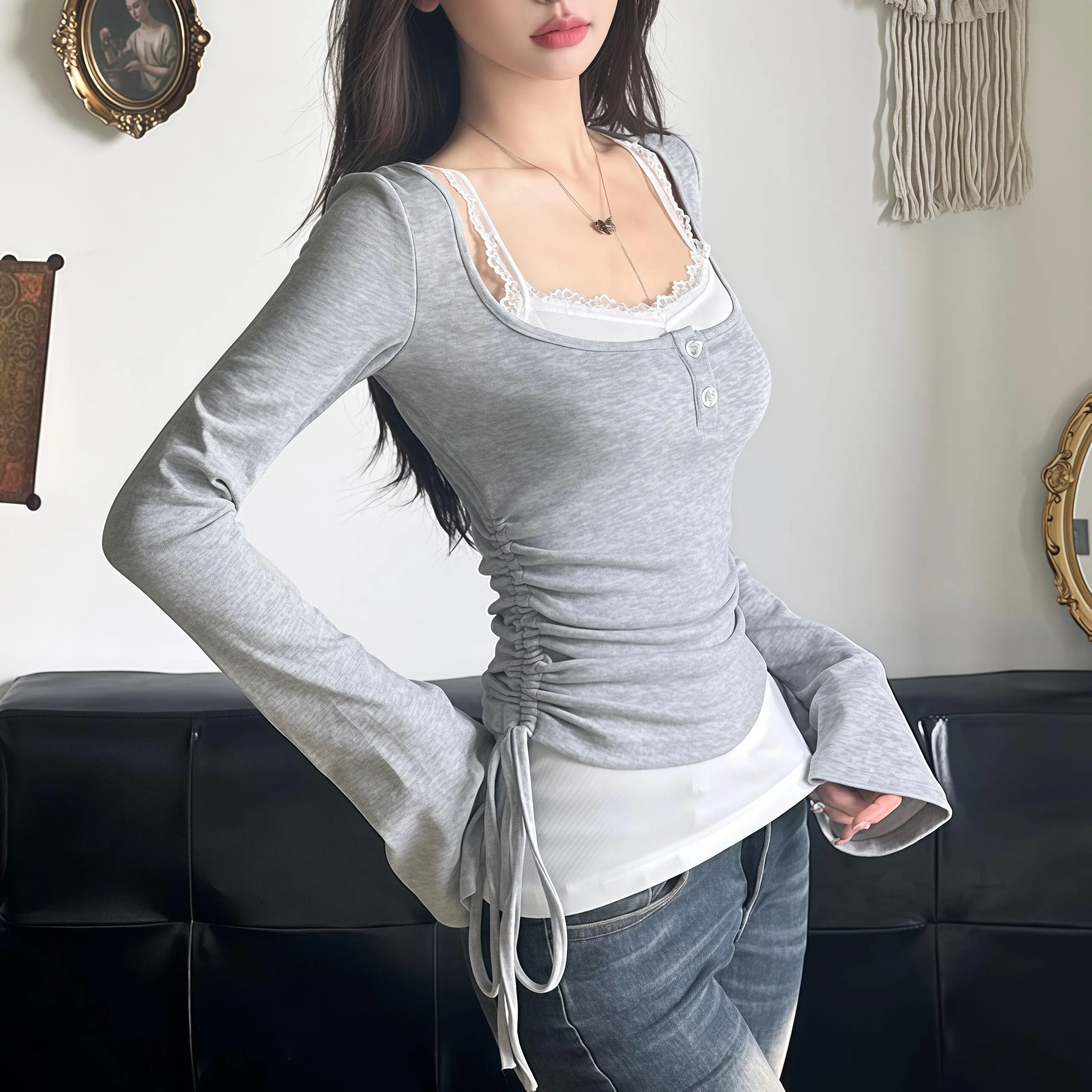 Double Layer Ruched Side Long Sleeve Top