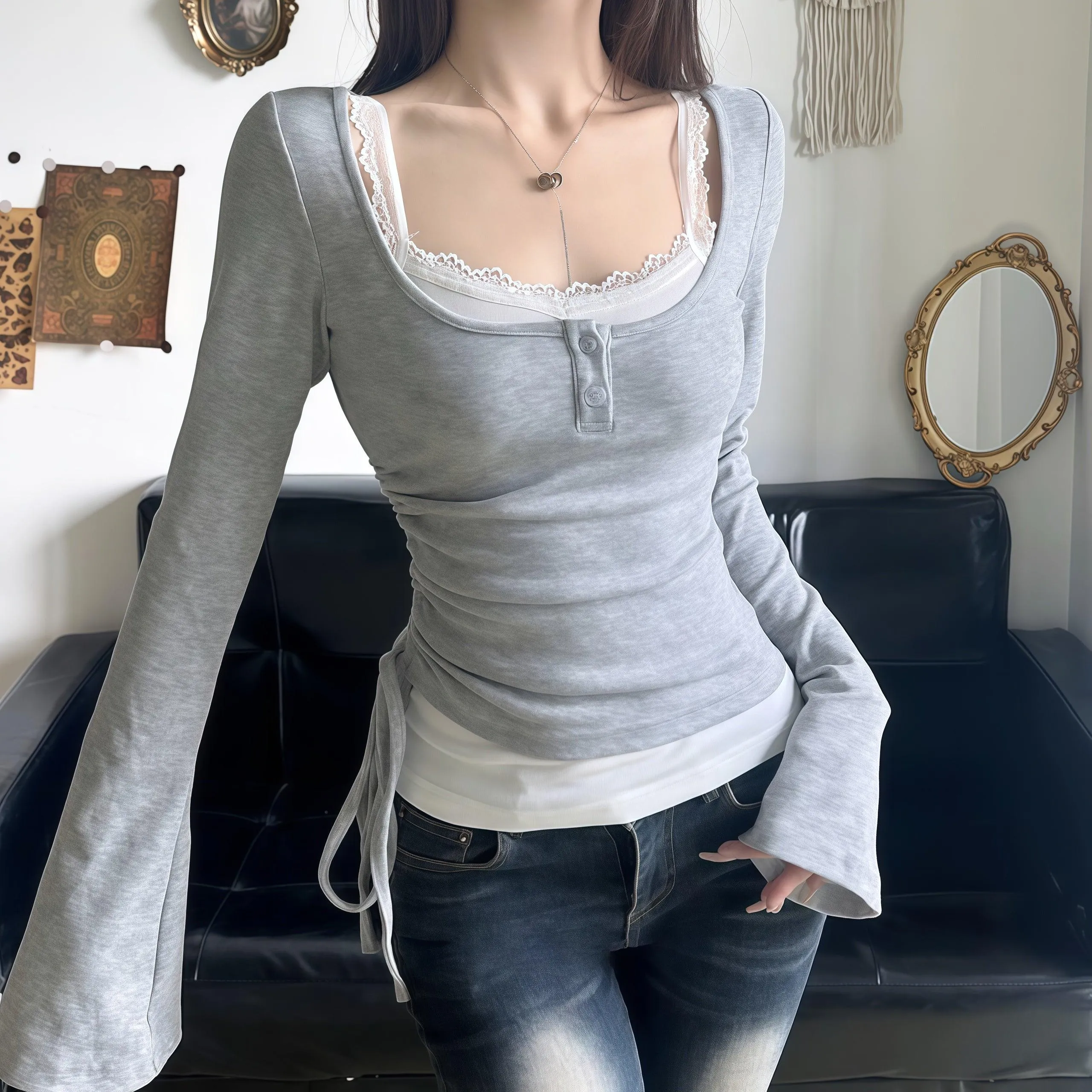 Double Layer Ruched Side Long Sleeve Top