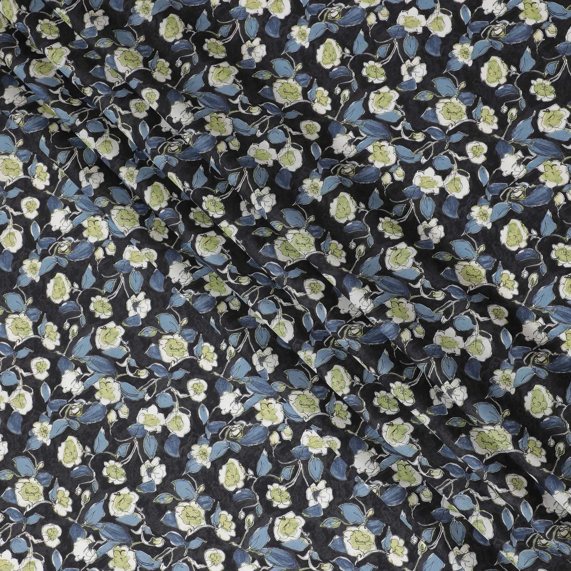 Elegant Black Floral Cotton Lawn Fabric with White and Green Blossoms, 110 cm Wide, Japanese Design-D19545