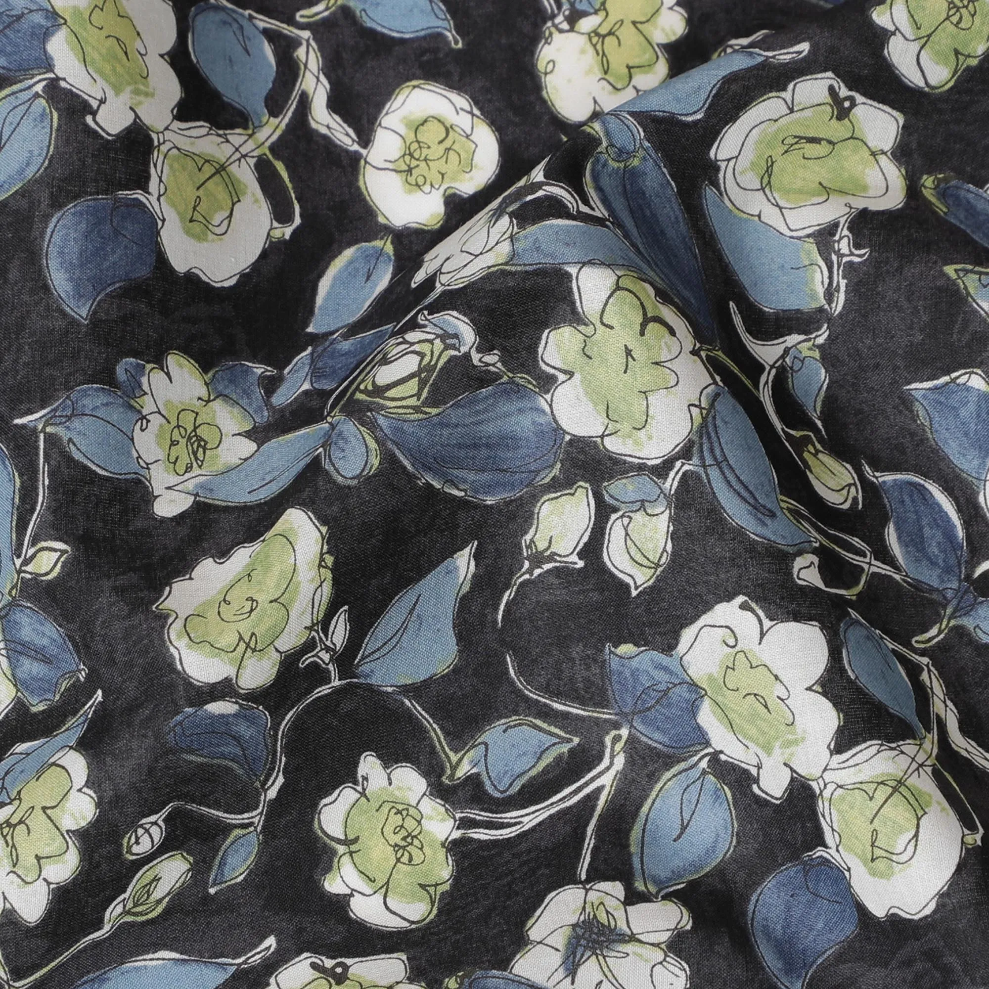 Elegant Black Floral Cotton Lawn Fabric with White and Green Blossoms, 110 cm Wide, Japanese Design-D19545