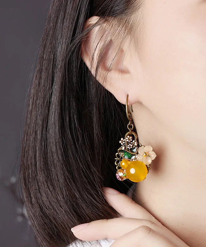 Elegant Yellow Floral Copper Drop Earrings