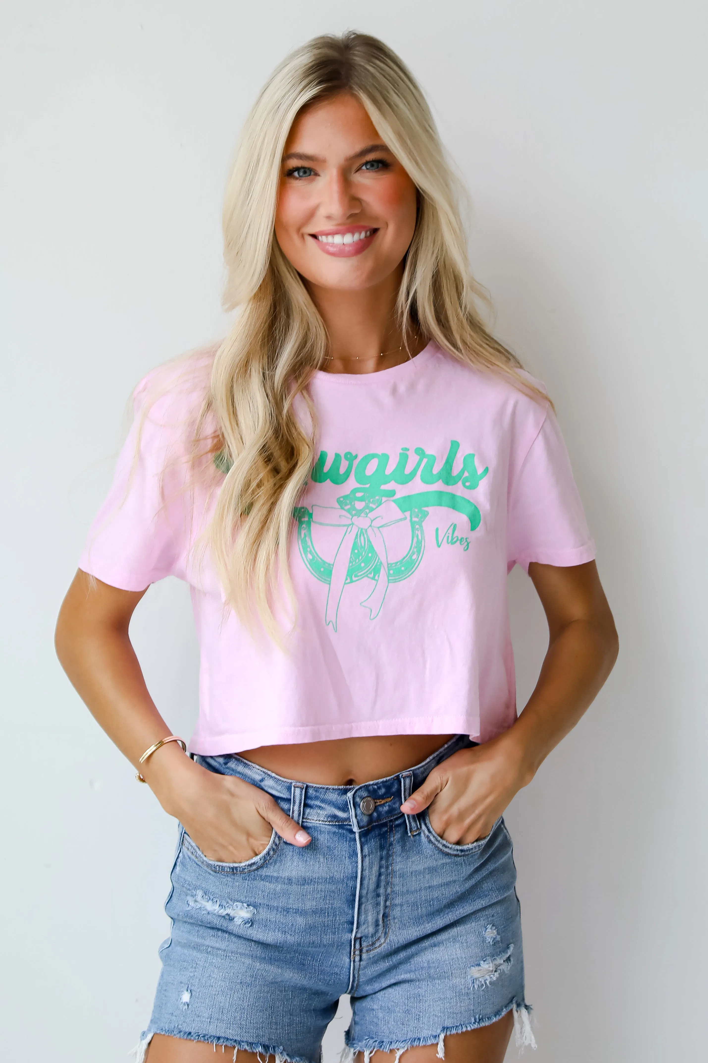 FINAL SALE - Cowgirls Good Vibes Light Pink Cropped Graphic Tee