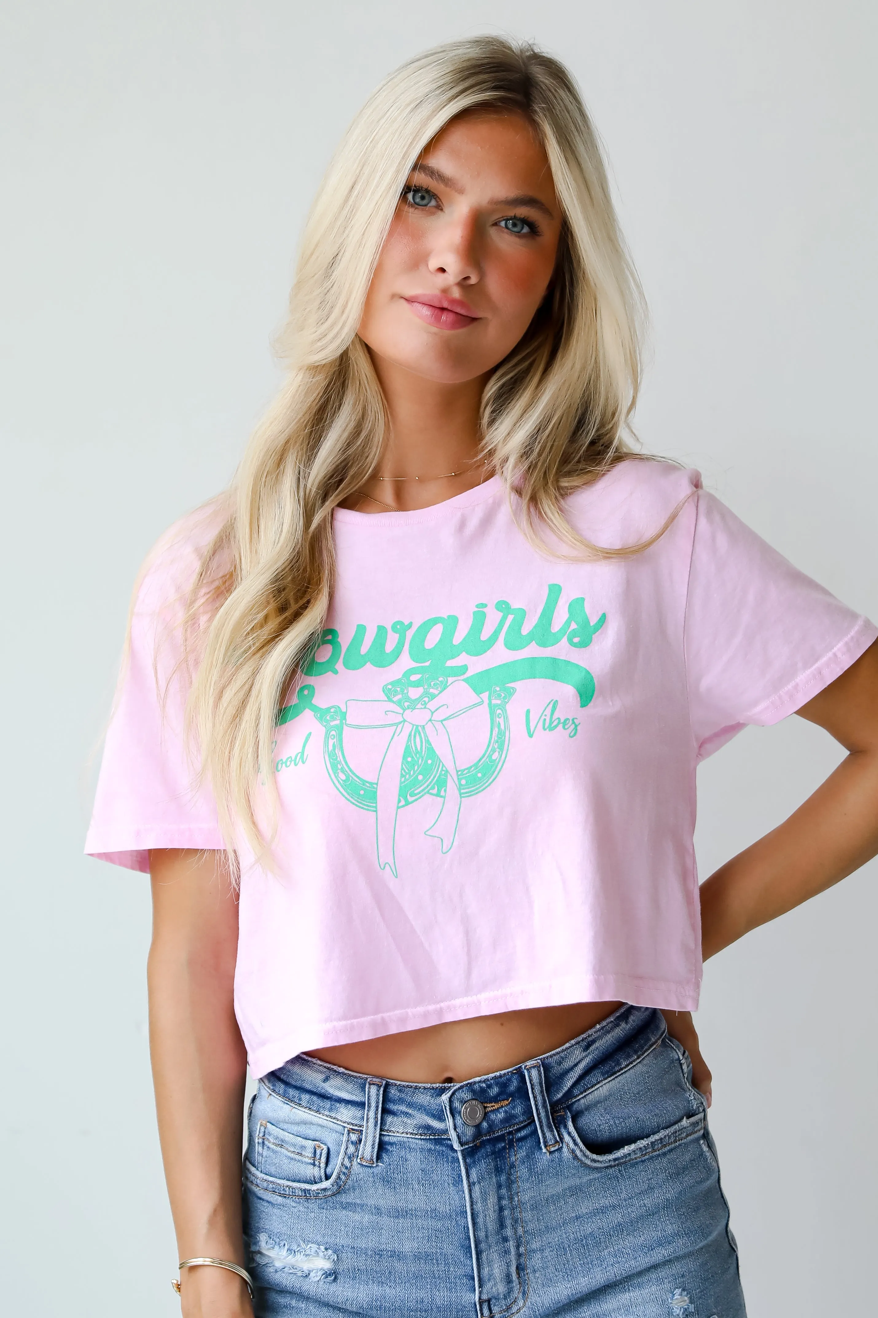 FINAL SALE - Cowgirls Good Vibes Light Pink Cropped Graphic Tee