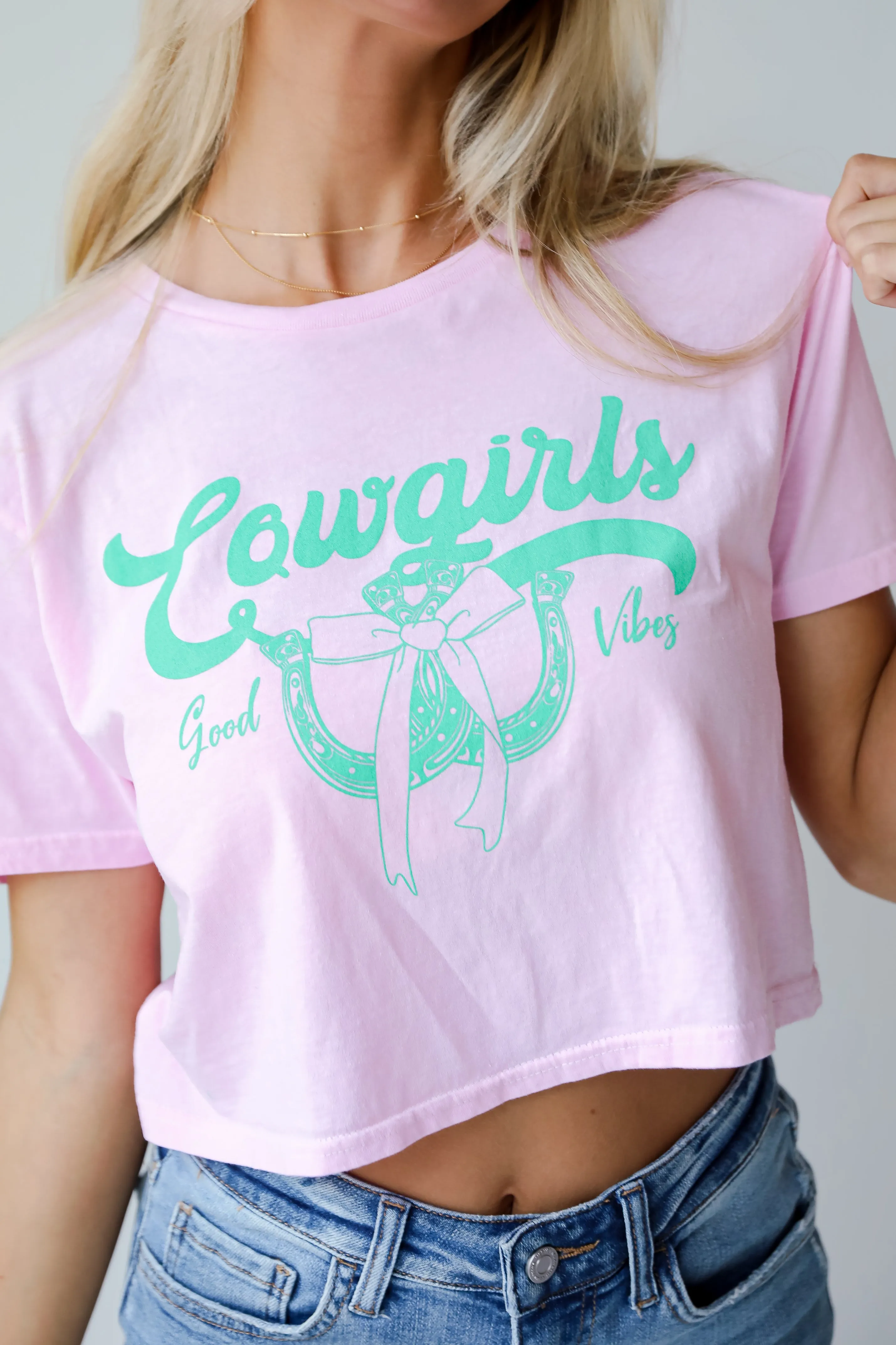 FINAL SALE - Cowgirls Good Vibes Light Pink Cropped Graphic Tee