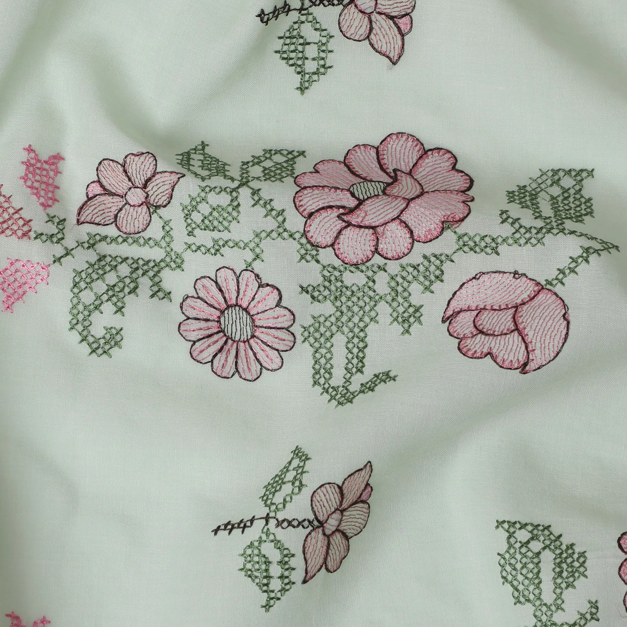 Floral Whisper Cotton Lawn Fabric - Soft White with Pink & Green Embroidery, 110cm Width-D18750