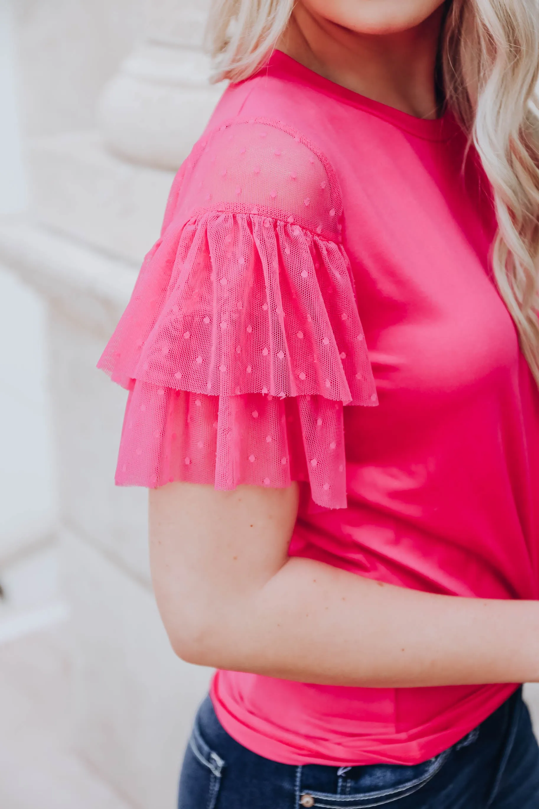 Full Of Style Ruffle Sleeve Top- Pink - FS