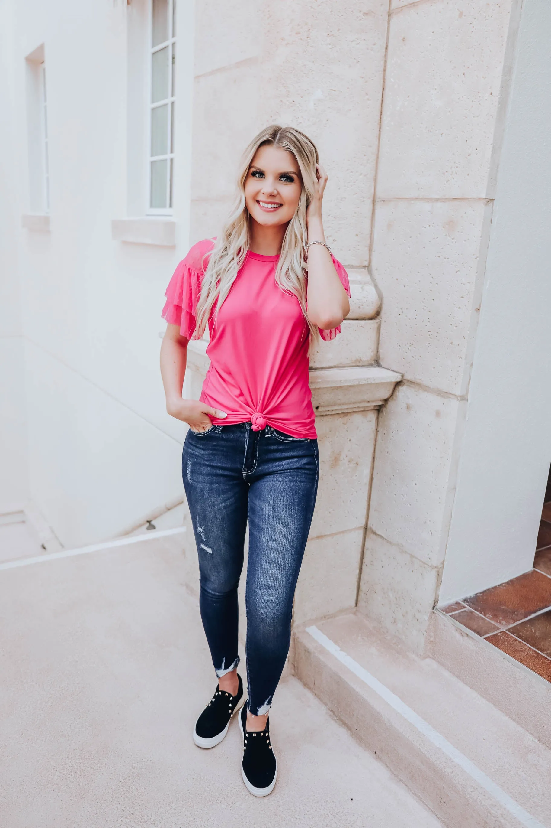 Full Of Style Ruffle Sleeve Top- Pink - FS