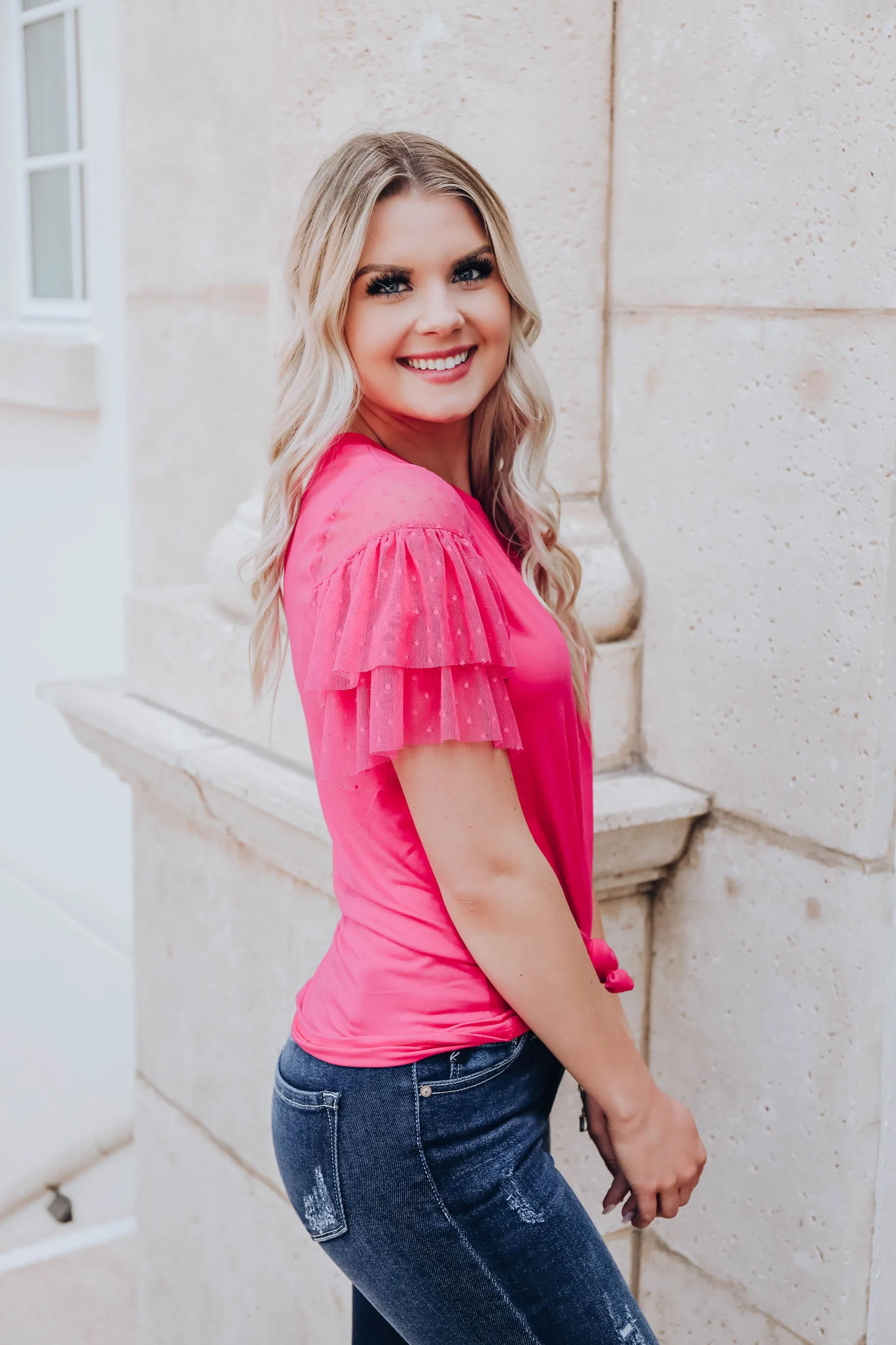 Full Of Style Ruffle Sleeve Top- Pink - FS