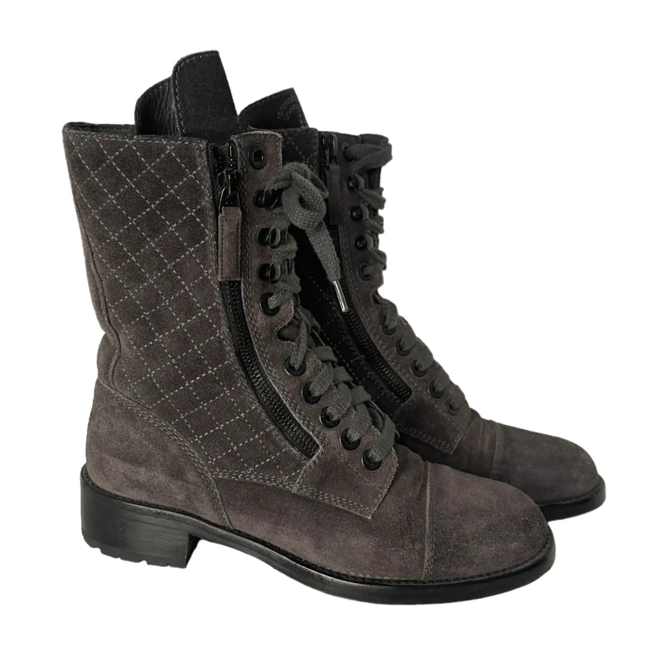 Grey Suede Combat Boots - 8