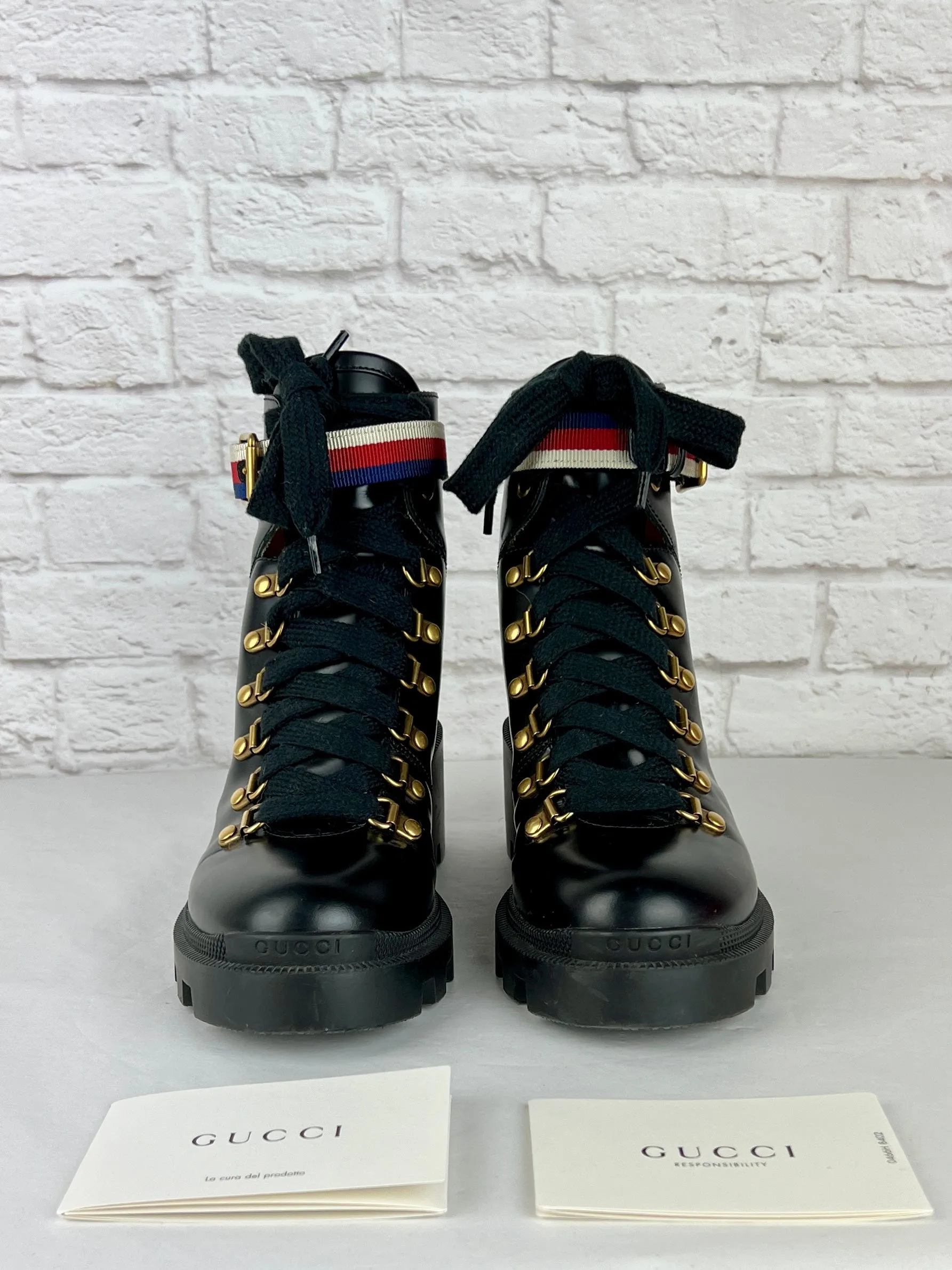 GUCCI Calfskin Sylvie Web Womens Lace Up Combat Boots, Size 36/US 6