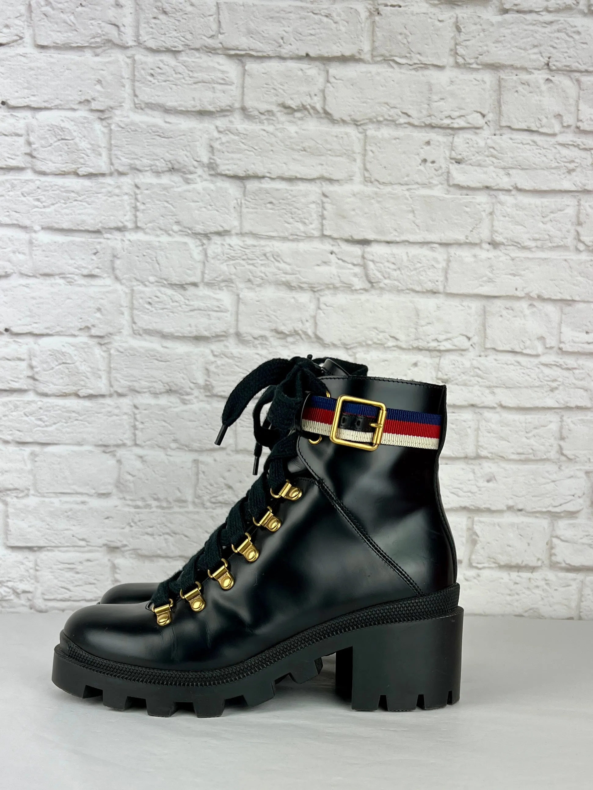 GUCCI Calfskin Sylvie Web Womens Lace Up Combat Boots, Size 36/US 6