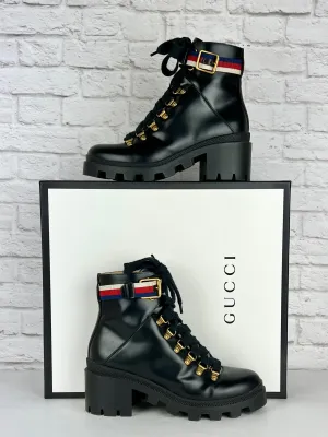 GUCCI Calfskin Sylvie Web Womens Lace Up Combat Boots, Size 36/US 6