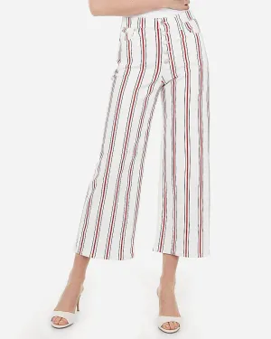 High Waisted Striped Cropped Wide Leg Jeans in White Stripe