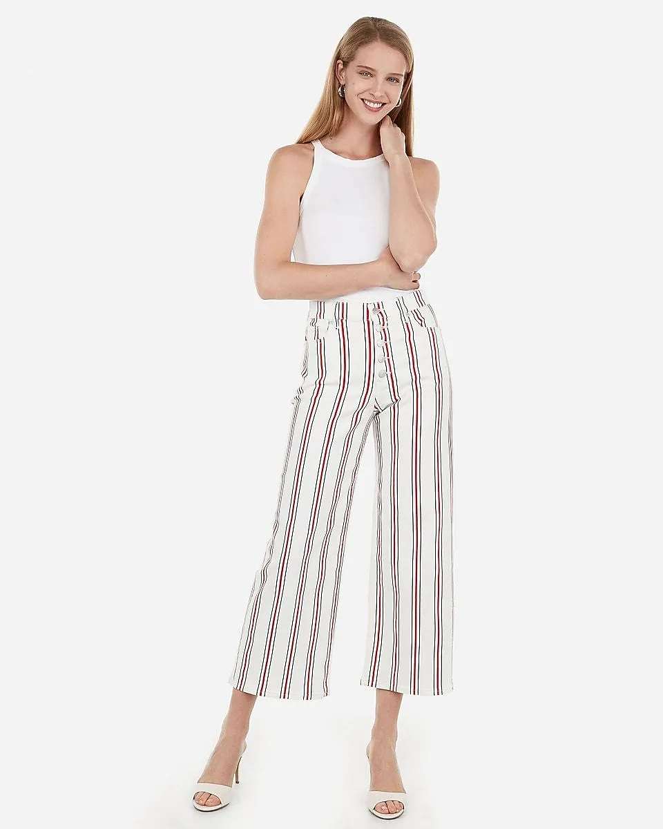 High Waisted Striped Cropped Wide Leg Jeans in White Stripe