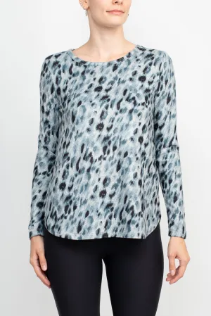 Joan Vass NY Boat Neck Long Sleeve High-Low Hem Animal Print Jersey Top