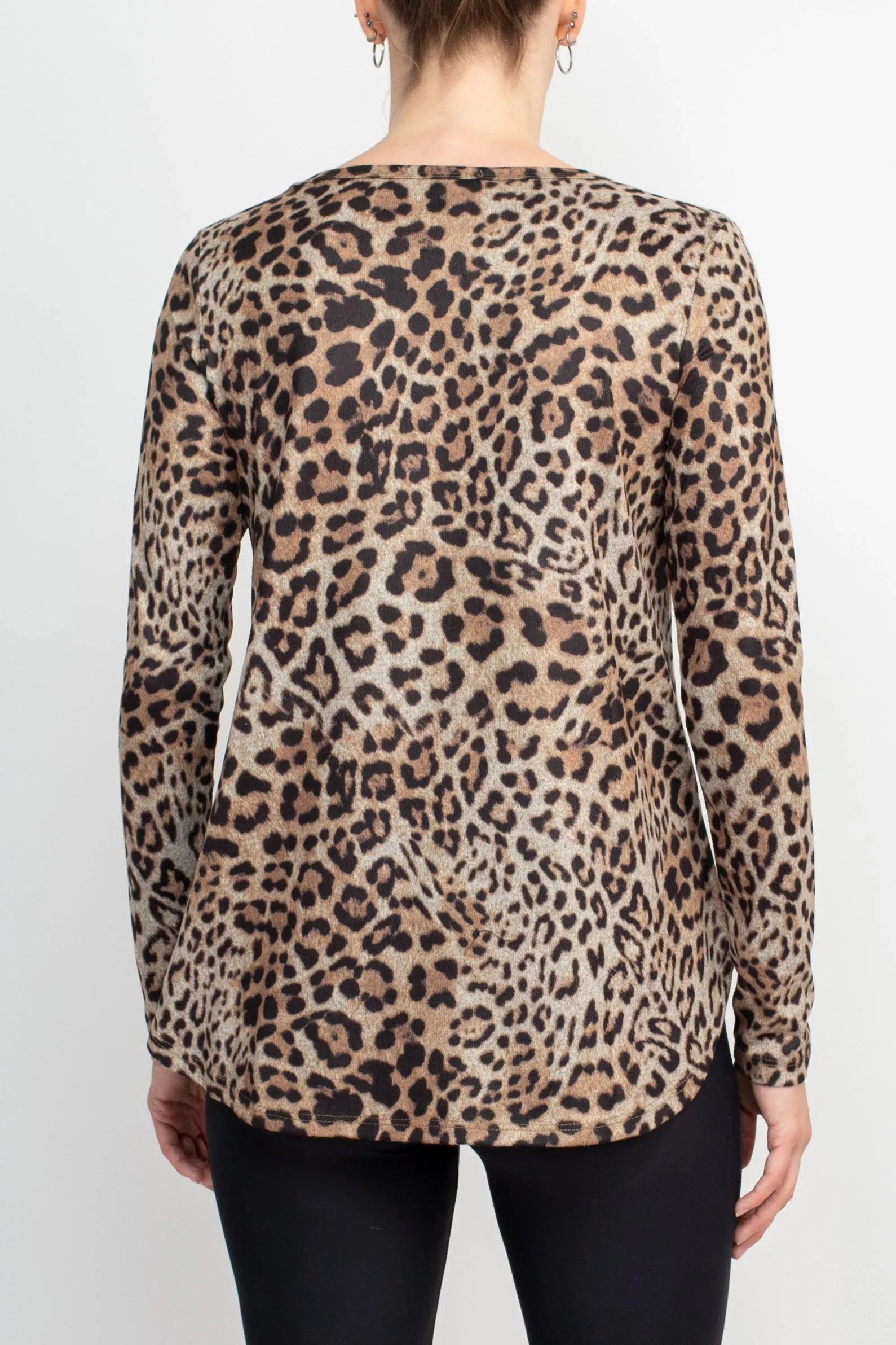 Joan Vass NY Boat Neck Long Sleeve High-Low Hem Animal Print Jersey Top