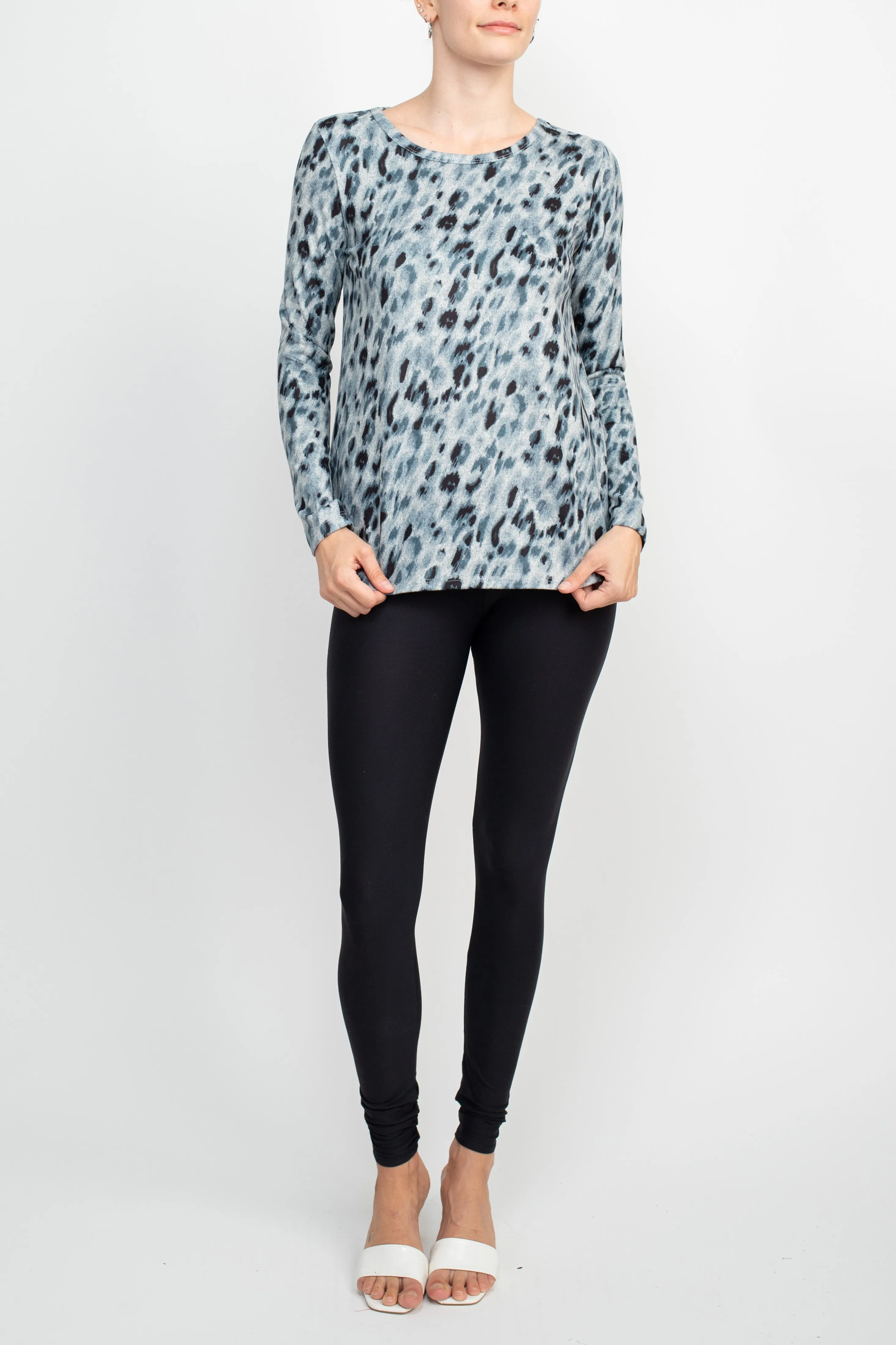 Joan Vass NY Boat Neck Long Sleeve High-Low Hem Animal Print Jersey Top