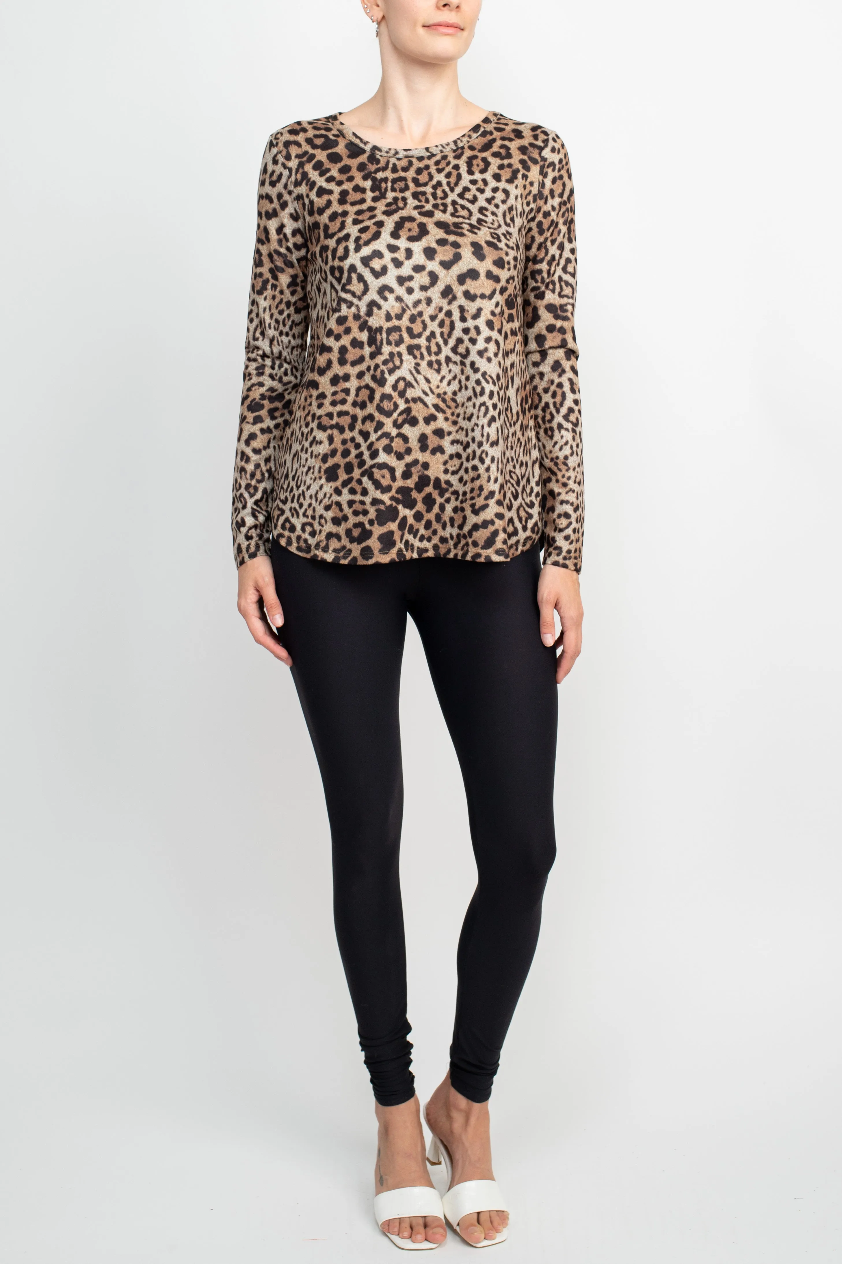 Joan Vass NY Boat Neck Long Sleeve High-Low Hem Animal Print Jersey Top