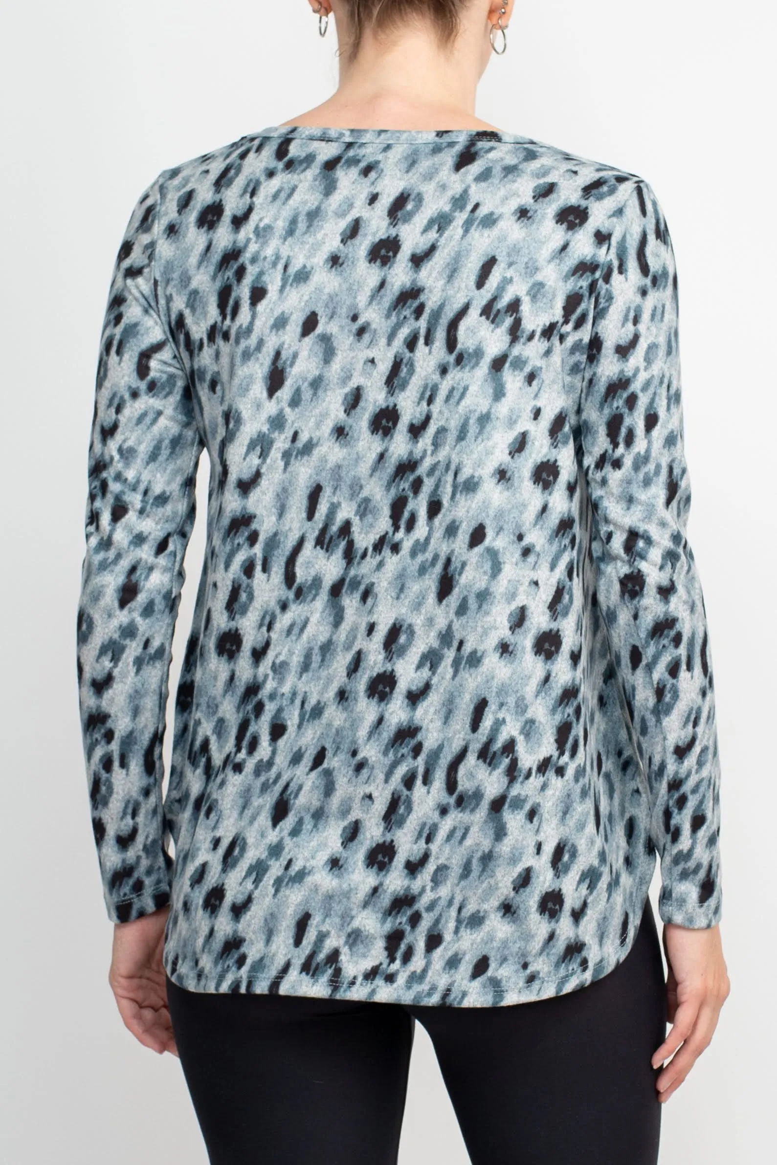 Joan Vass NY Boat Neck Long Sleeve High-Low Hem Animal Print Jersey Top