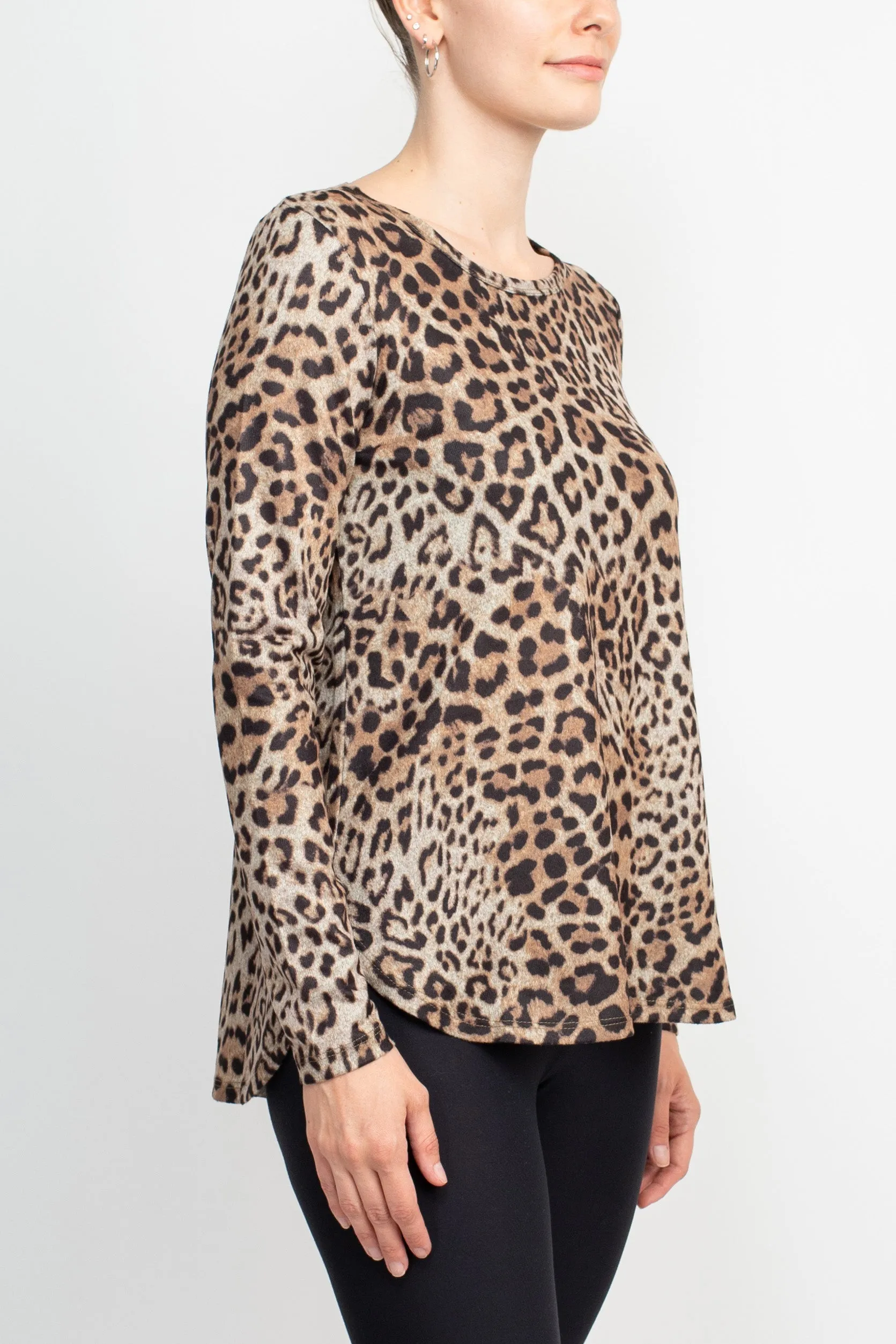 Joan Vass NY Boat Neck Long Sleeve High-Low Hem Animal Print Jersey Top