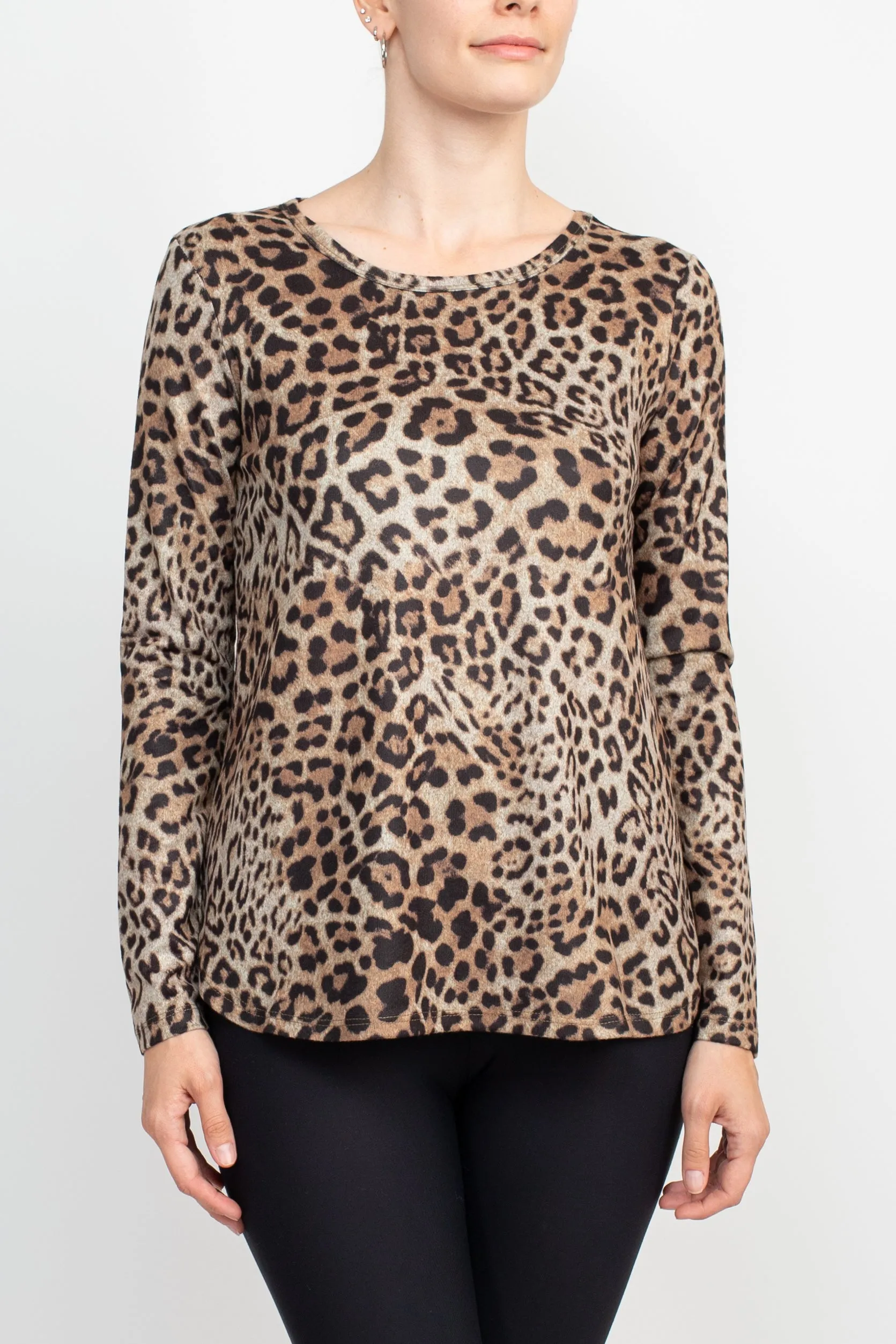 Joan Vass NY Boat Neck Long Sleeve High-Low Hem Animal Print Jersey Top